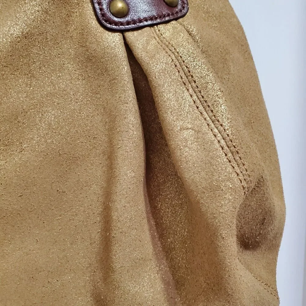 TANO‎ Shoulder Hobo Bag Womens gold Suede Leather Woven Handle Brown brass